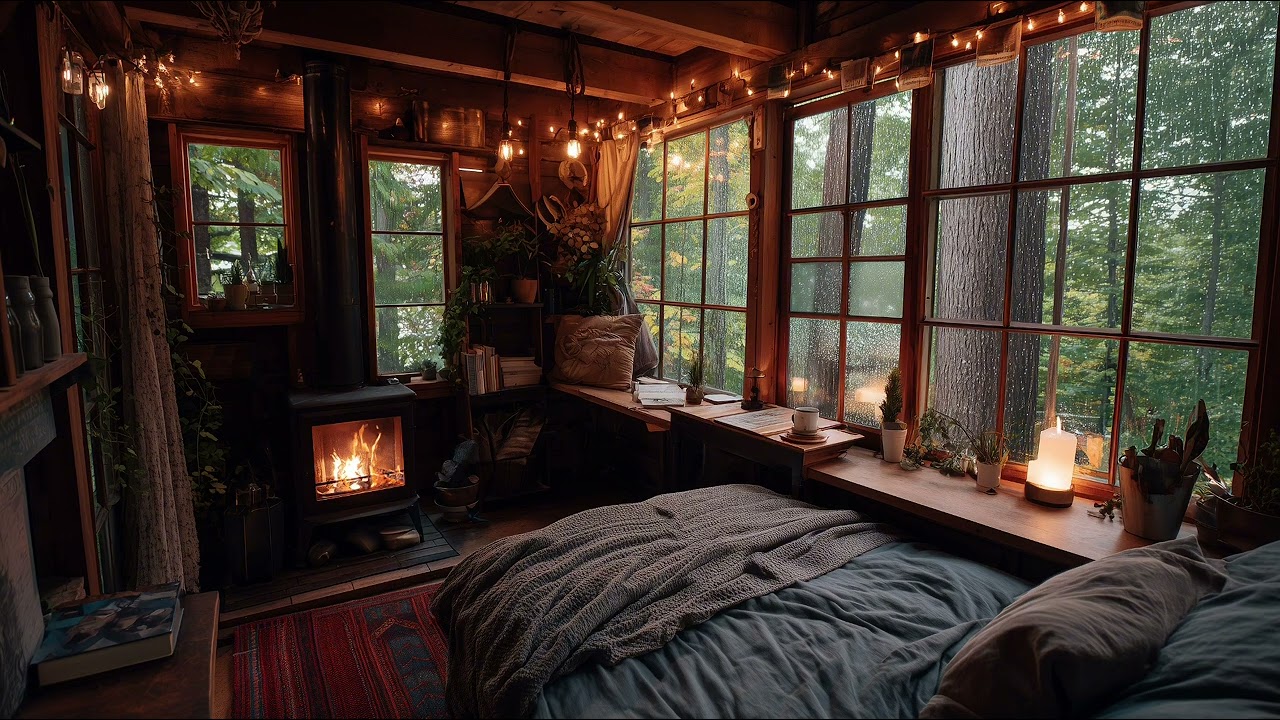 Rainy Day in a Cozy Treehouse 🔥 Fireplace & Rain Sounds for Sleep, Study & Relaxation