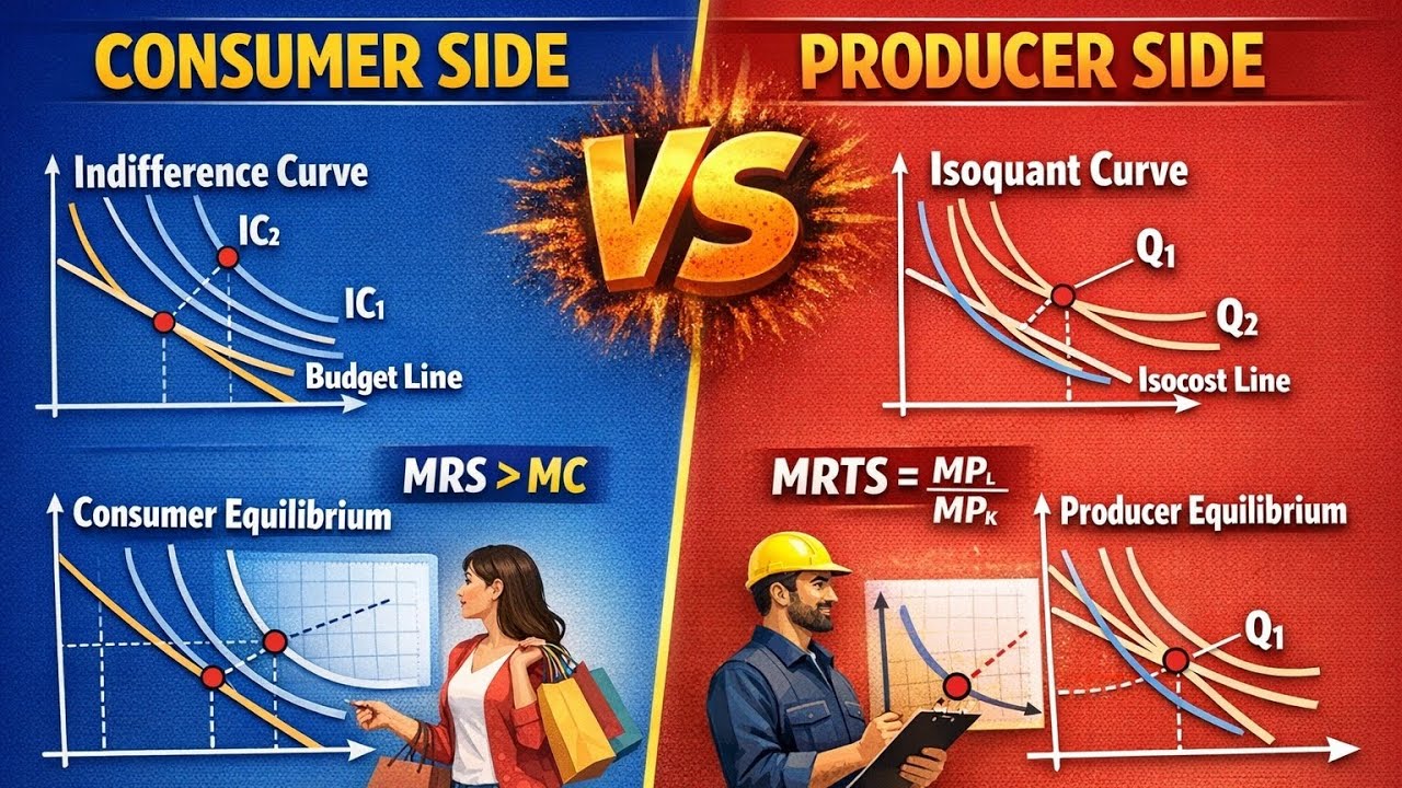 Producer Side vs Consumer Side | MRS vs MRTS | Budget Line vs Isocost Line | Isoquant vs Indifferenc
