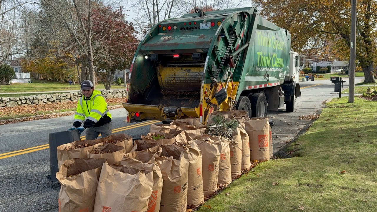 WM Garbage Truck VS Fall Leaf Bag Piles
