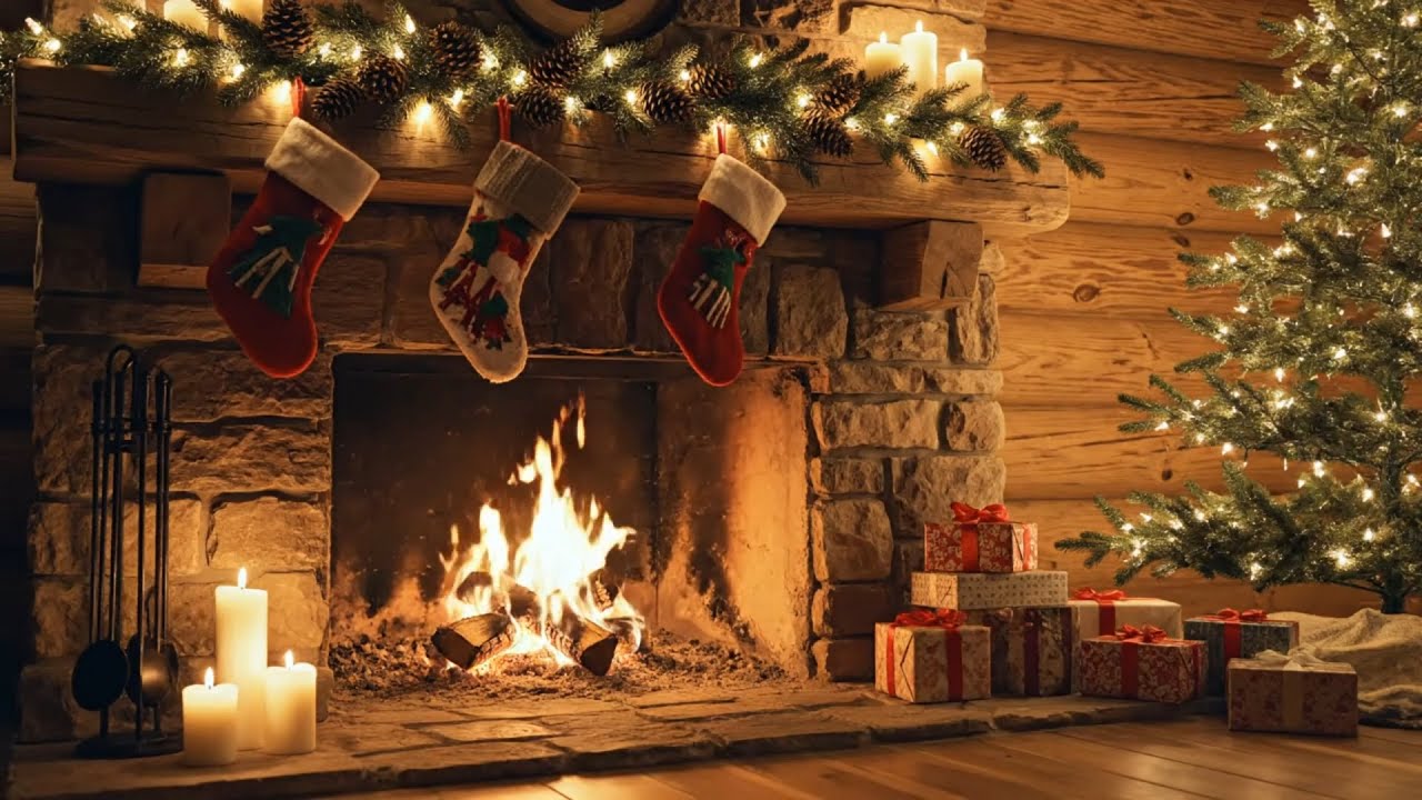 Cozy Christmas Music | Fireplace Crackling | Cozy Cabin Vibes & Snow Night