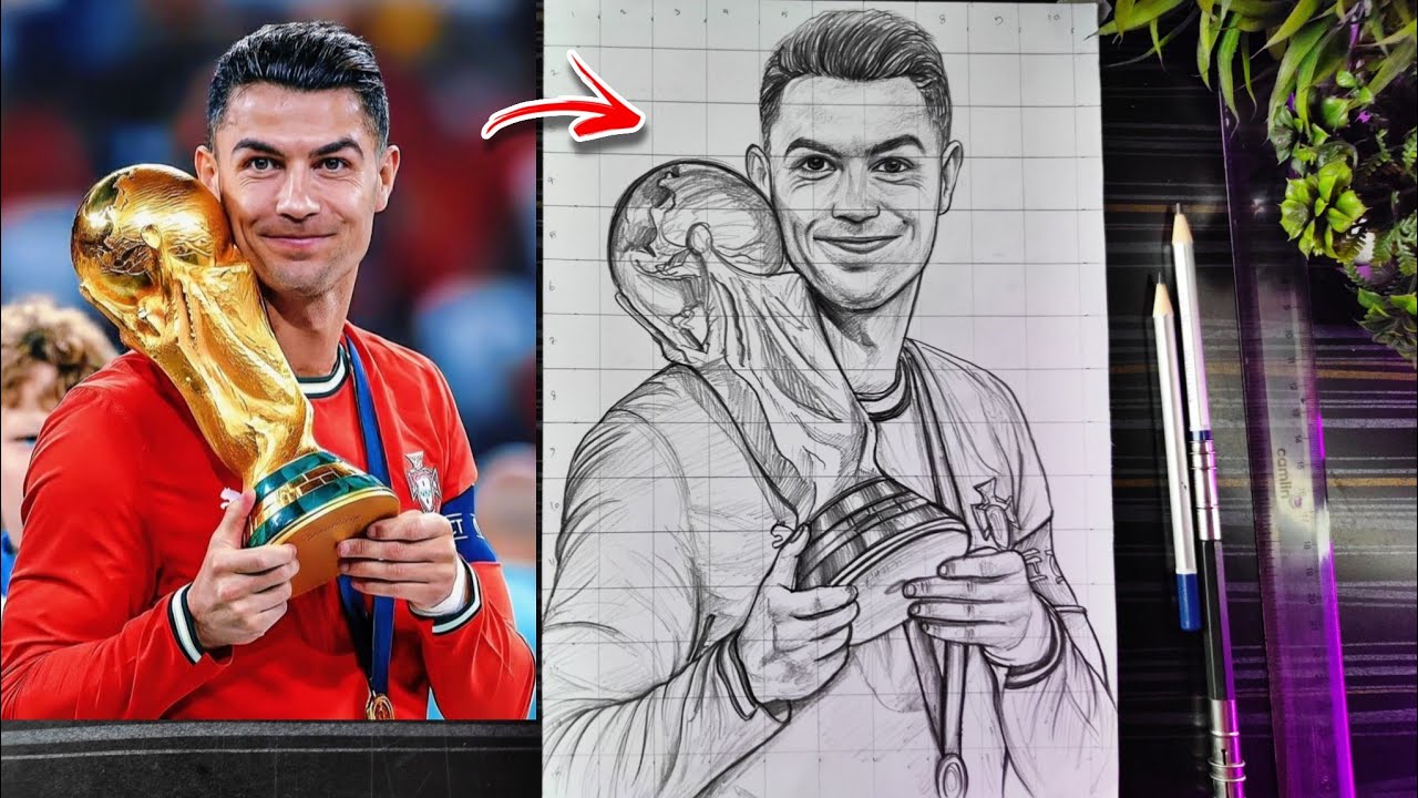 Cristiano Ronaldo Drawing With FIFA World Cup Trophy 🏆🇵🇹, How To Draw Ronaldo CR7, Step By Step