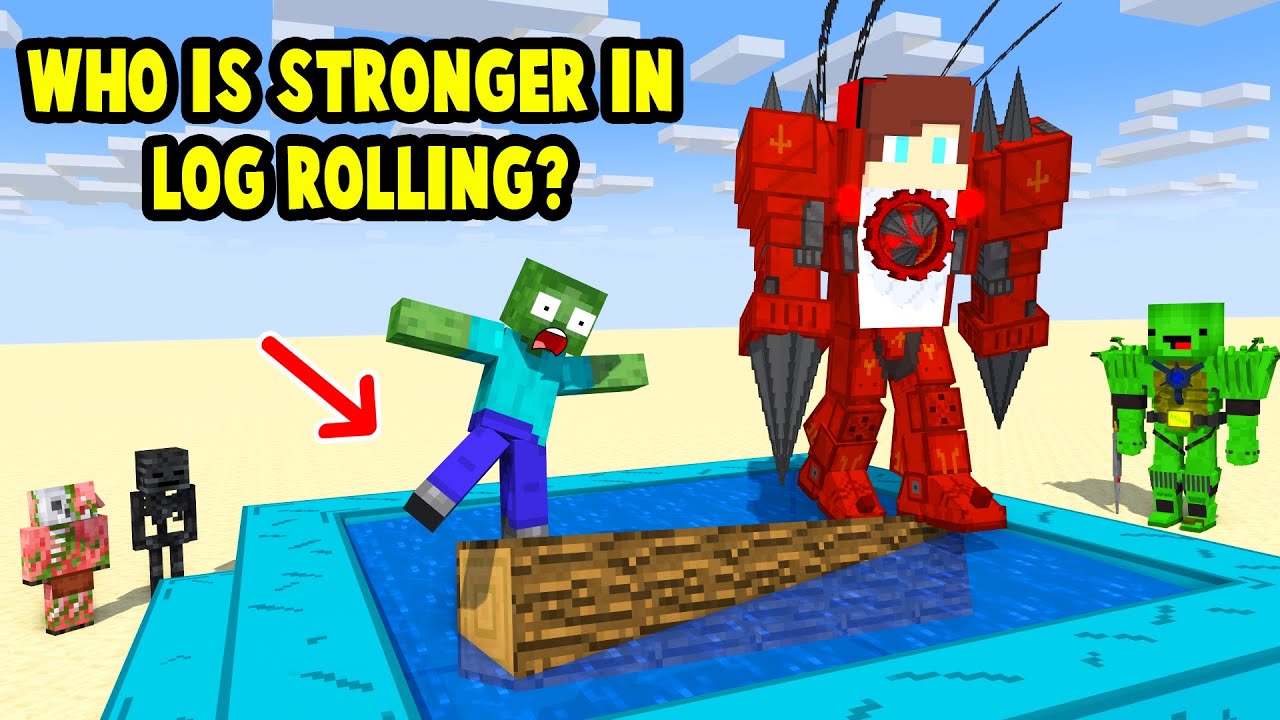 Monsters & Herobrine Titan JJ and Mikey WHO IS STRONGER IN LOG ROLLING? - Maizen Minecraft Animation