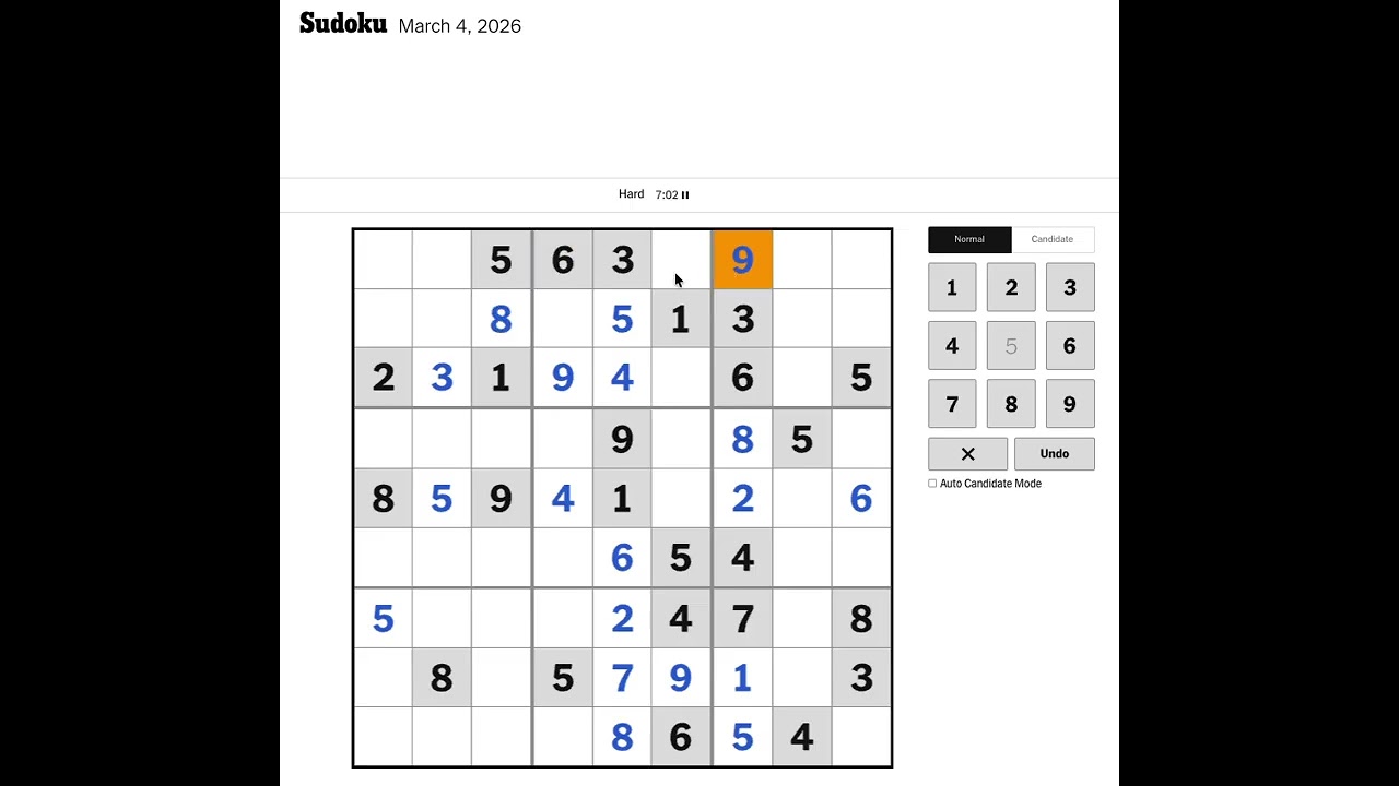 New York Times Sudoku Hard Solution for March 4, 2026: Solving without Markings