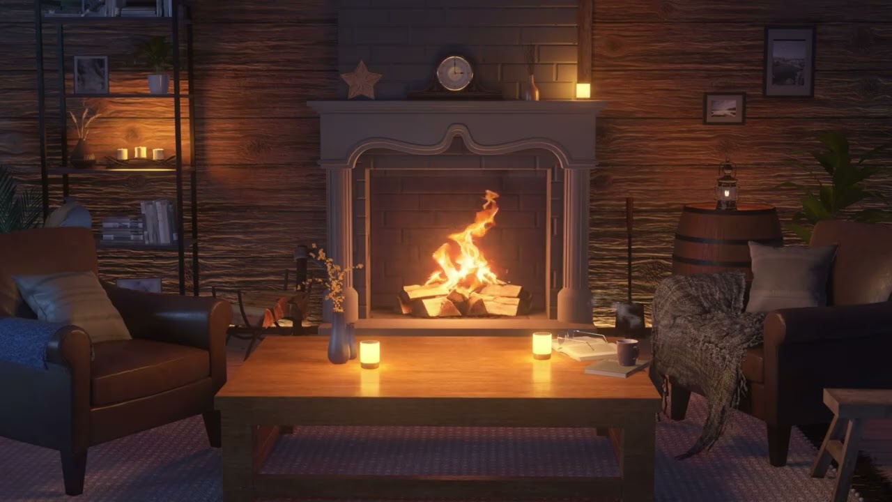 Cozy Fireplace Living Room – Gentle Crackling Fire & Warm Evening Ambience 🔥🕯️📖