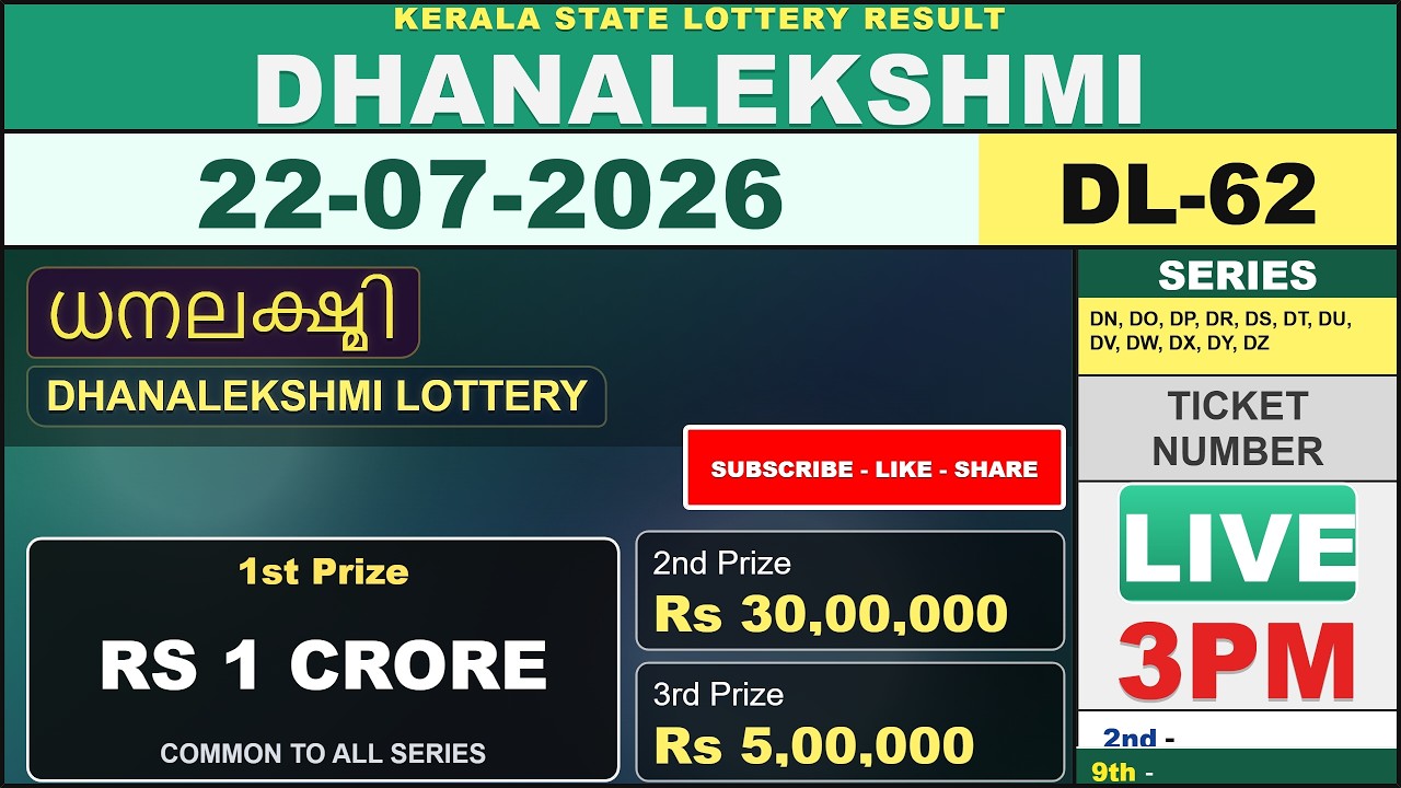 Kerala Lottery Result Live | DHANALEKSHMI DL-62 Draw on 22/07/2026 | Today Kerala State Lottery Live