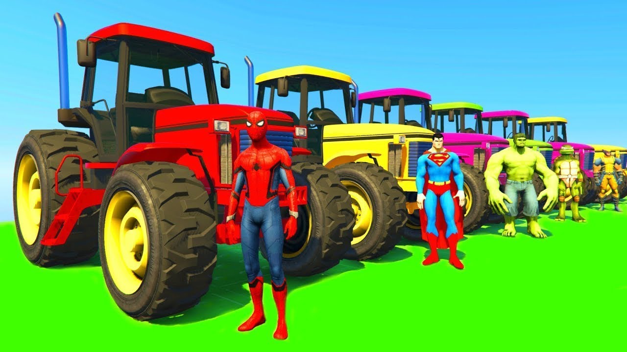 الأبطال الخارقين على الجرارات مع قفز العقبات - Superheroes on tractors with jumping obstacles GTA 5