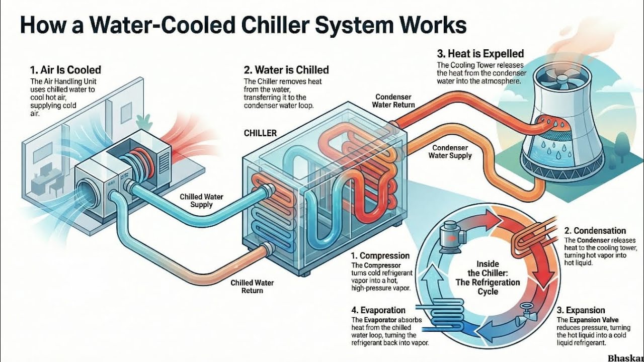 Water cooled chiller system working | HVAC Training Video 2