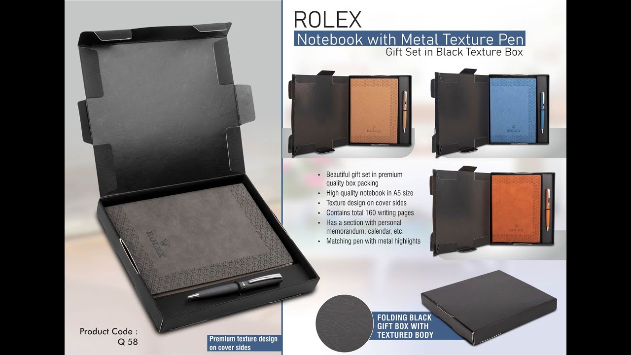 Q58 &ndash; Rolex Notebook With Metal Texture Pen | Gift Set In Black Texture Box