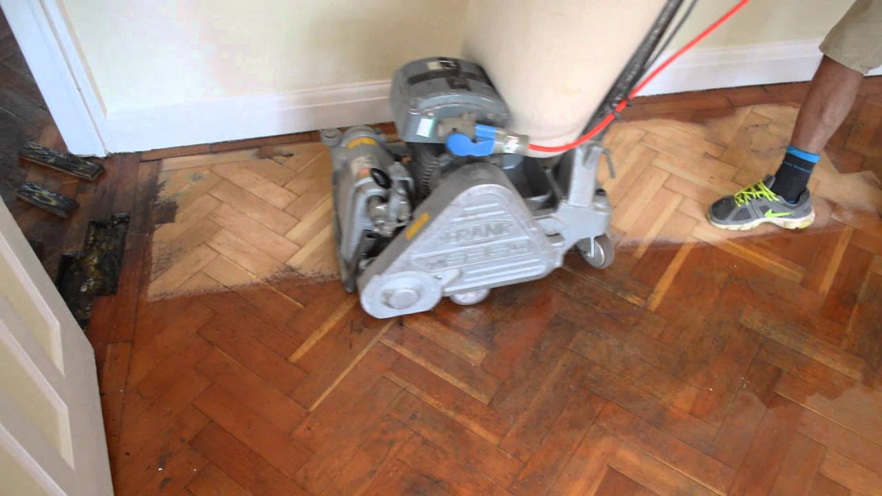 Parquet floor sanding restoration with dust free Frank Cobra sander