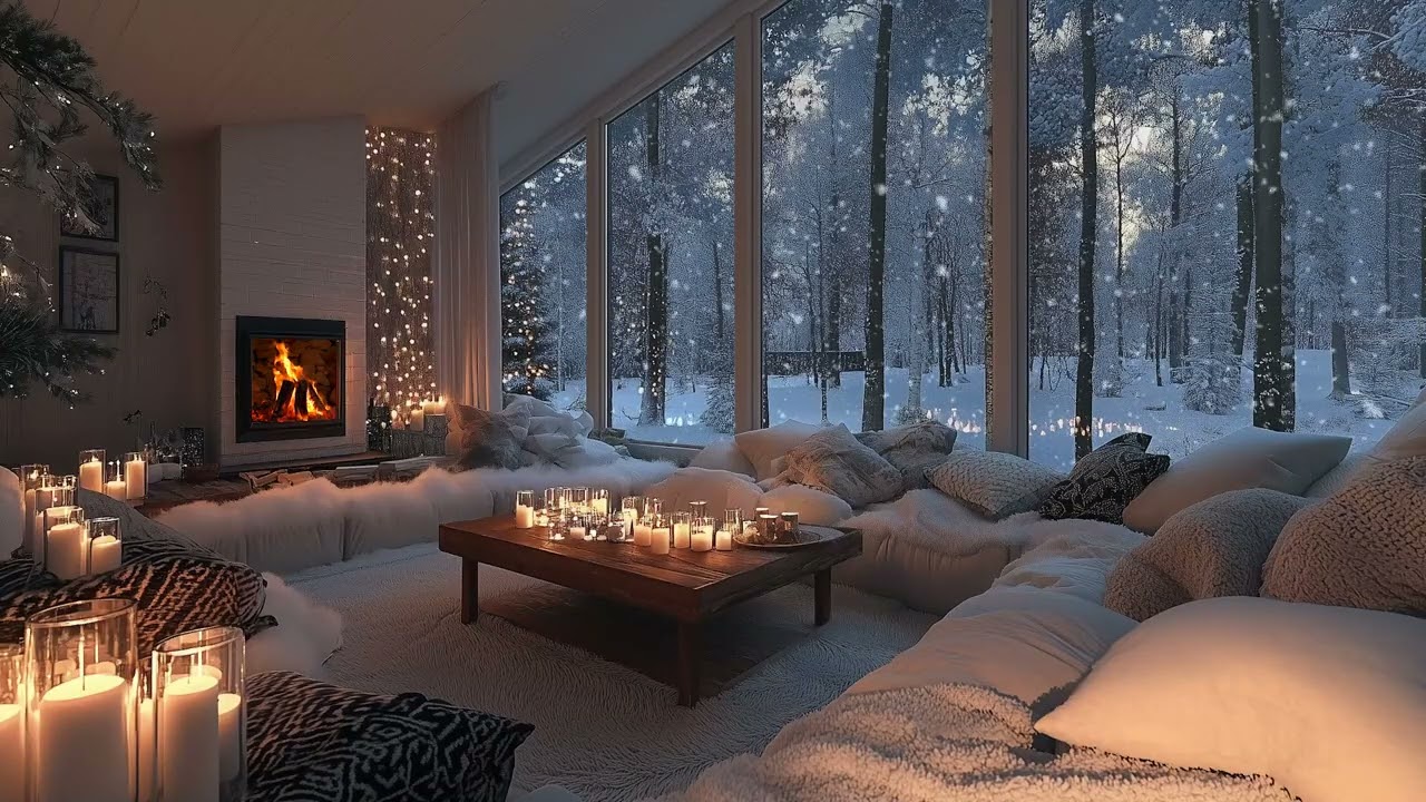 Soft Piano for Meditation with Fireplace Crackles and Snow Falling Gently Outside