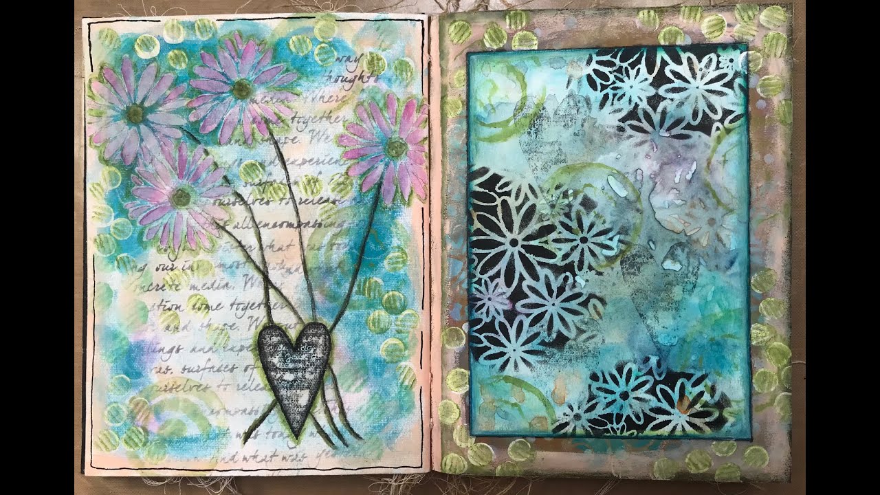 Techniques faciles / crée une PAGE avec Papiers décoratifs - pochoirs - tampons - Gesso - Neocolor 2