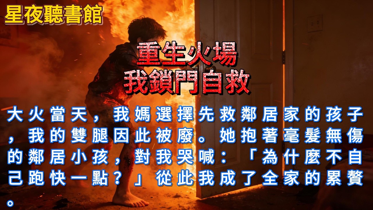 《重生火場，我鎖門自救》大火當天，我媽選擇先救鄰居家的孩子，我的雙腿因此被廢。她抱著毫髮無傷的鄰居小孩，對我哭喊：「為什麼不自己跑快一點？」從此我成了全家的累贅。#爽文 #一口氣看完 #小說推文
