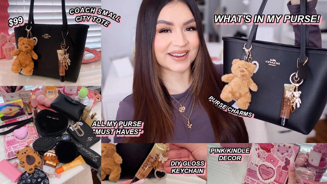 WHAT'S IN MY BAG 🧸🎀 COACH SMALL CITY TOTE MINI REVIEW, ALL MY PURSE FAVS & HOW I DECORATE MY BAGS