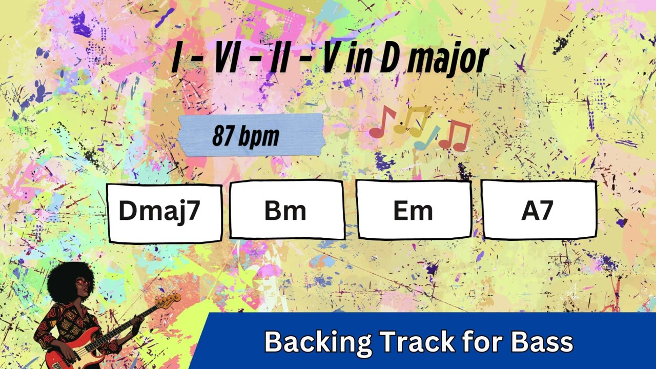 Backing Track for Bass , 87 bpm , No bass backing track - 1625 Chord Progression in D major