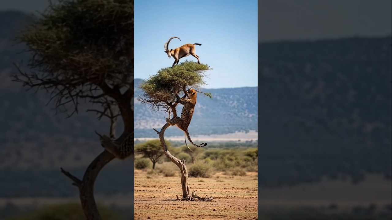 💥💥 Leopard&rsquo;s Epic Leap to Catch the High-Flying Ibex 🌳🦌🐆 아이벡스를 잡기 위한 표범의 장대한 도약. #goat  #shorts #ai