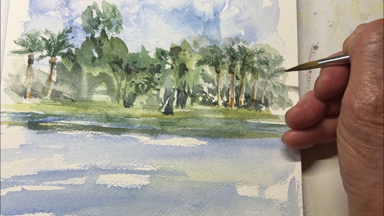 River bank in tropical setting WIP real time, watercolor painting