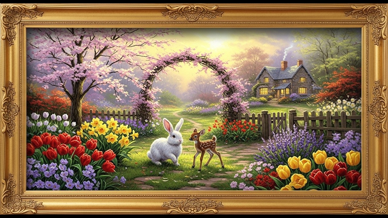 Vintage Storybook Garden Art | Samsung Frame TV | 4K Whimsical Spring Landscape