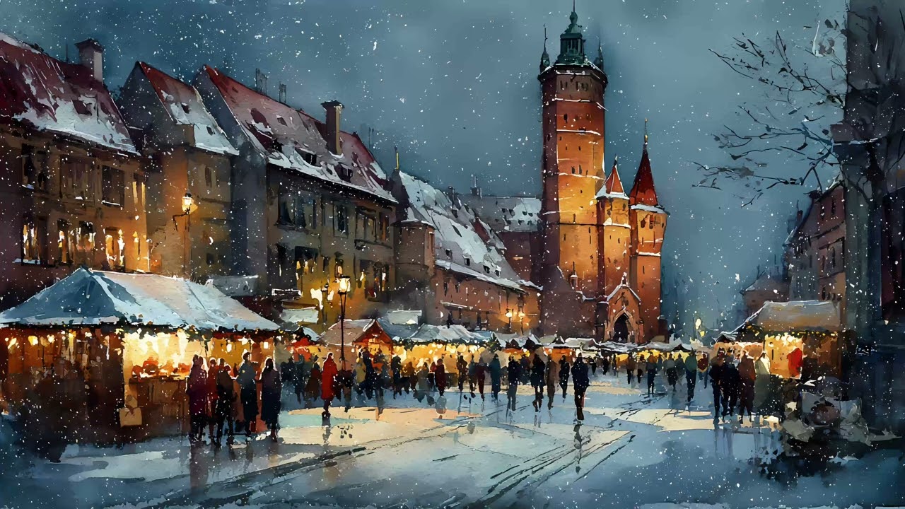 Watercolor Christmas Market TV Art | Snowy European Winter Screen Saver Display
