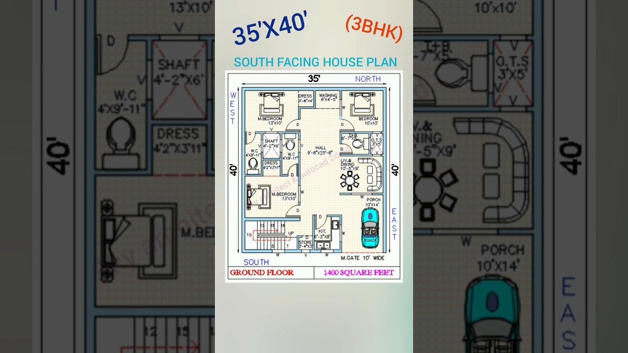 35'X40' SOUTH FACING (3BHK) HOUSE PLAN 1400square feet #buildings #trend