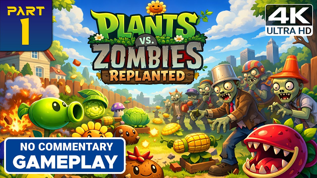PLANTS VS ZOMBIES REPLANTED: прохождение уровней 1-10, часть 1 [4K 60FPS] (без комментариев)