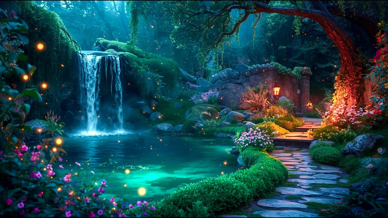 Enchanted Garden Waterfall 🌿 Forest Night Ambience with Nature Sounds | Sleep | Study | Relax |
