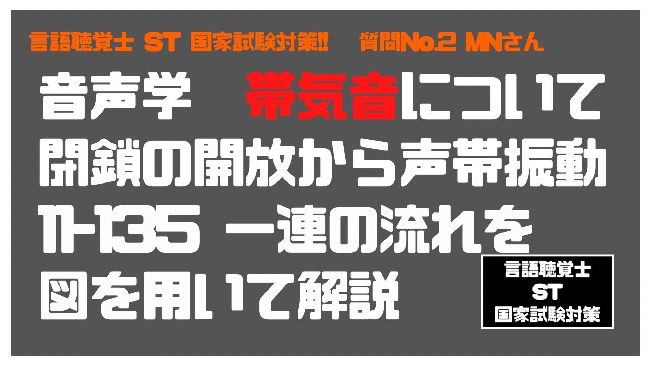 言語聴覚士(ST)国家試験対策【質問No2】音声学　帯気音について閉鎖の開放から声帯振動　11-135　一連の流れを図を用いて解説