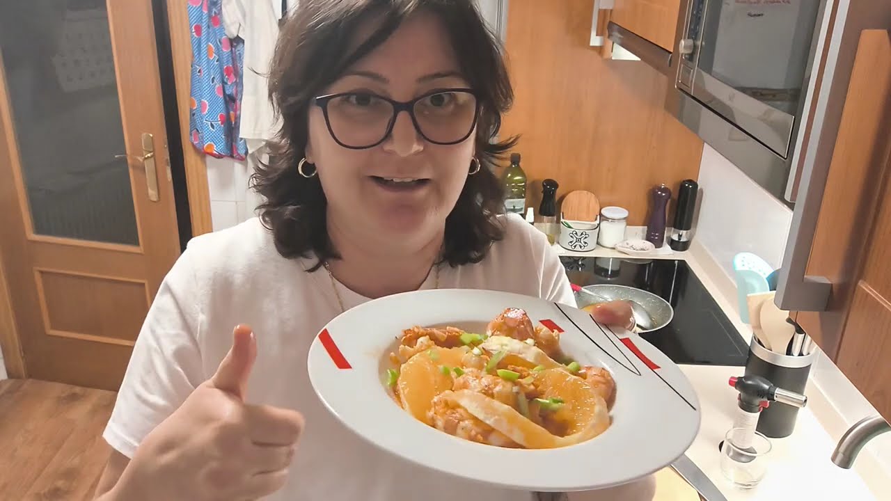 Gambon en salsa de naranja con coñac fambleado,FELIZ DIA GENTE 🇷🇴🇪🇸
