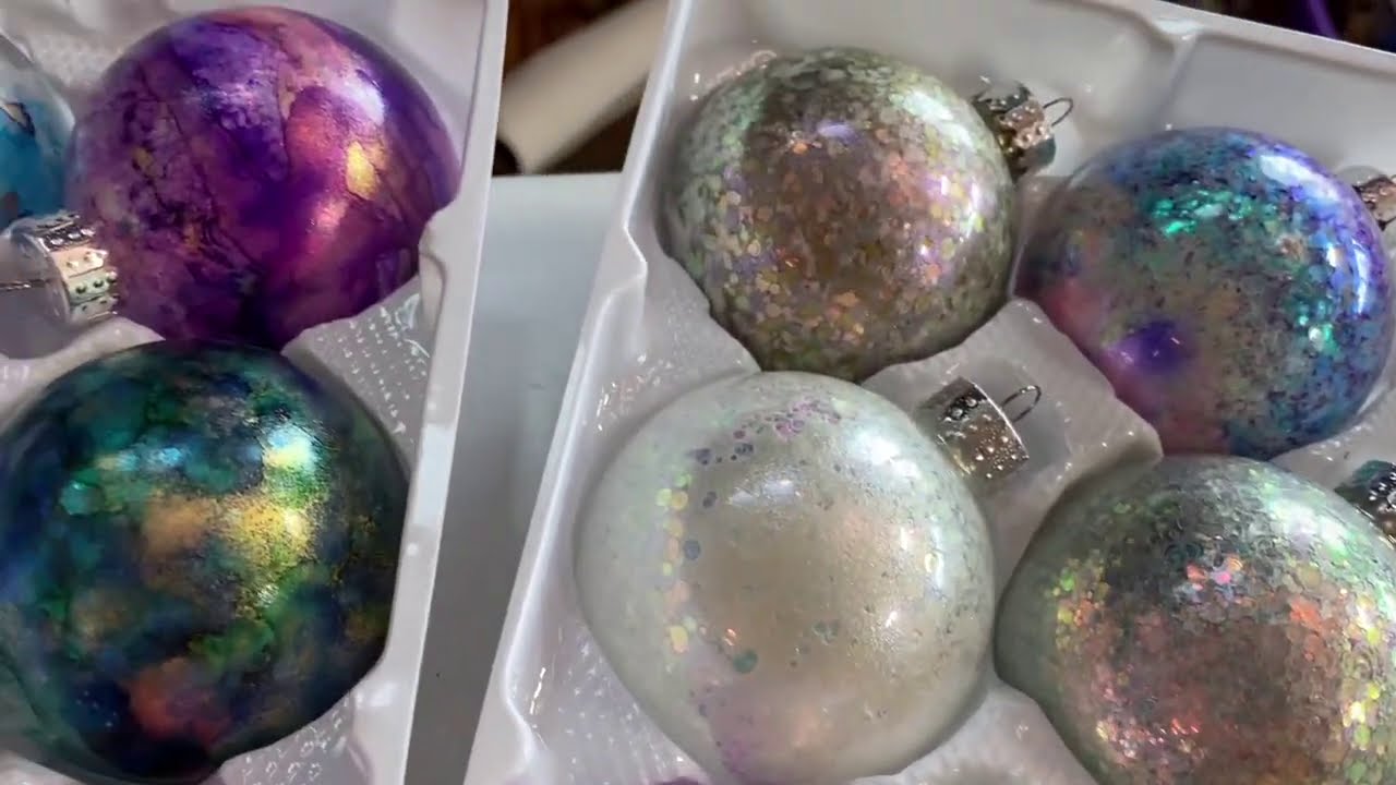 Alcohol Ink Ornament Blue Purple Set with Glitter | 545