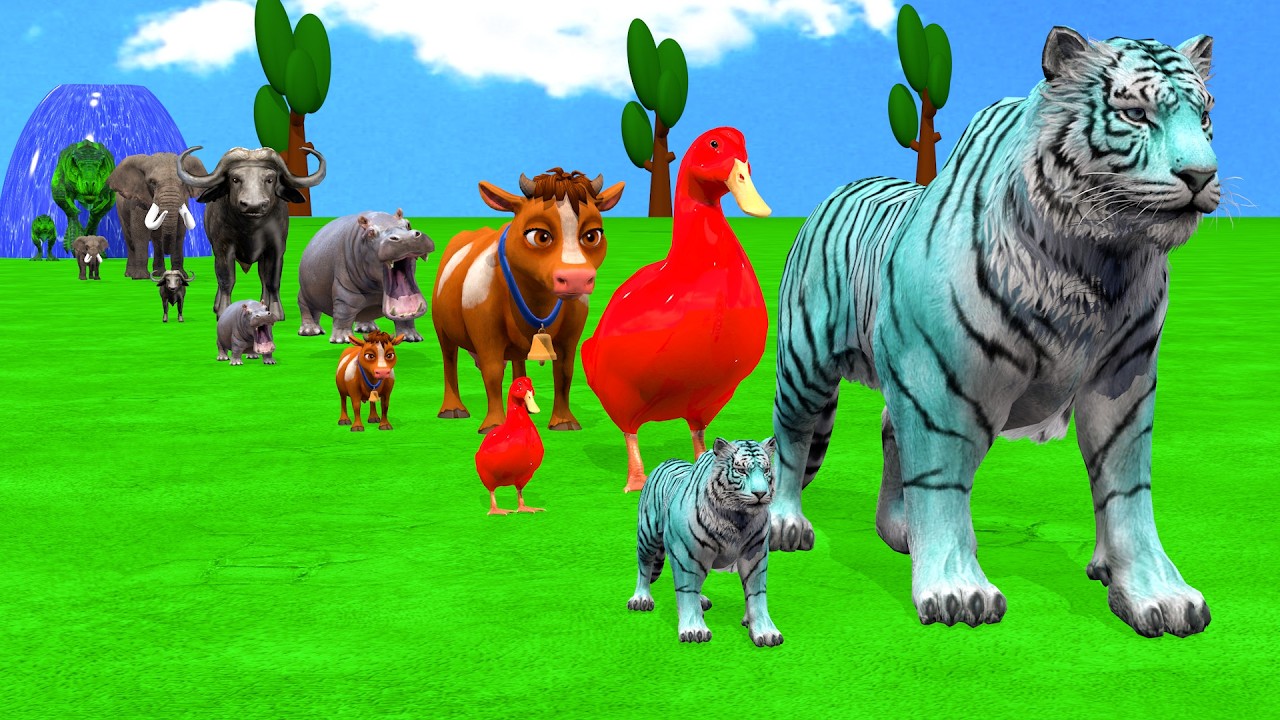 Long Slide Game With Cow Elephant Gorilla Hippopotamus Tiger - 3d Animal Game - Funny 3d Animals