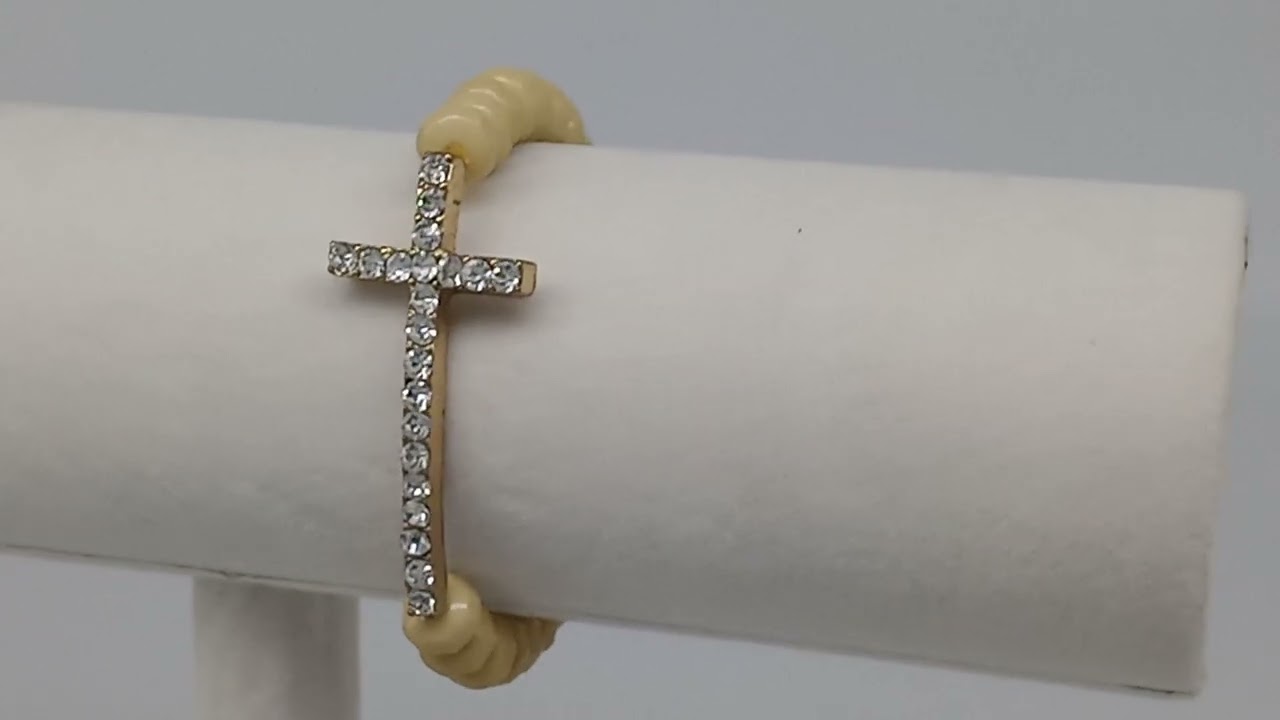 Rhinestone Cross Beaded Stretch Bracelet Beige Acrylic Gold Tone Metal Religious