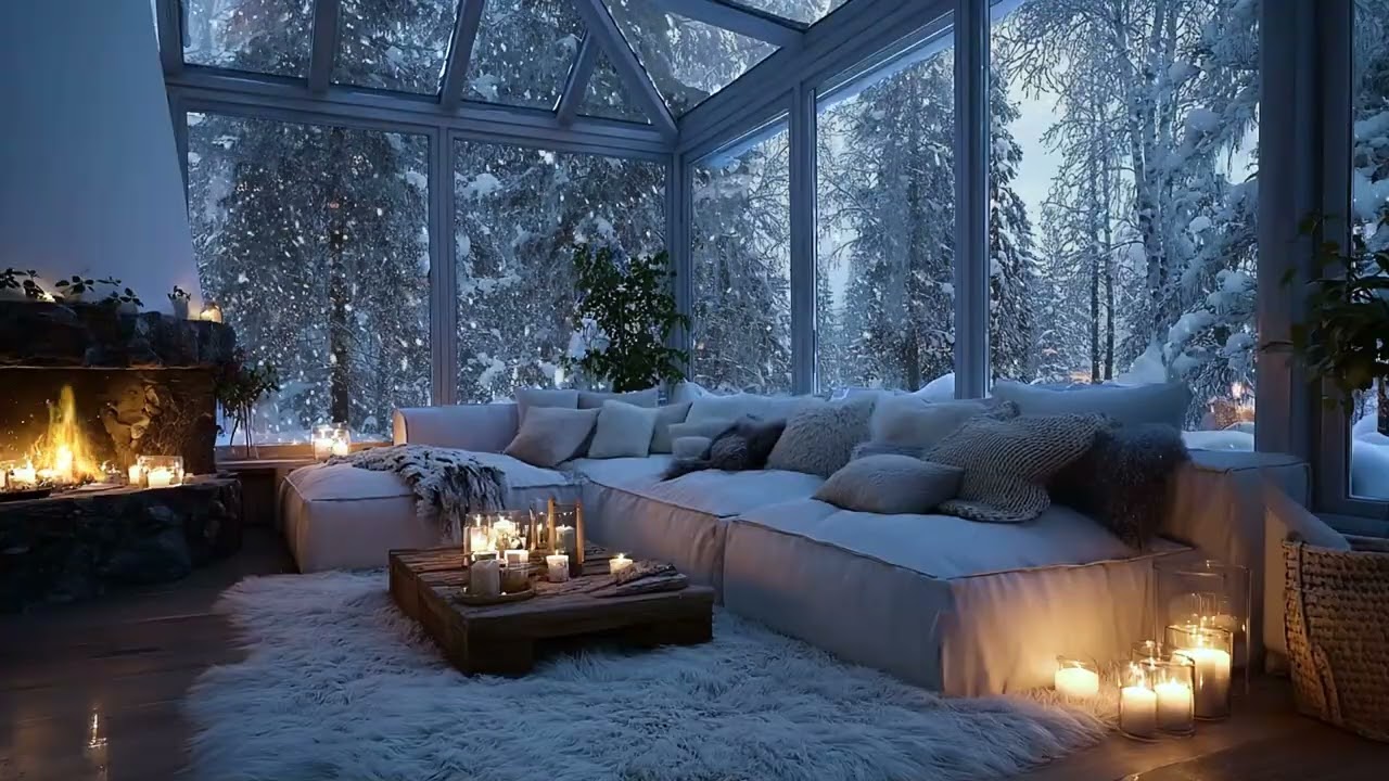 🔥🎼 Calm Winter Piano Lounge | Snow Outside & Cozy Fireplace | Work Study Relax Calm