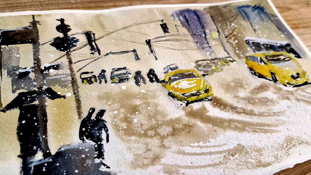 Snowy City Street Watercolor Painting | Urban Scene with Yellow Taxis