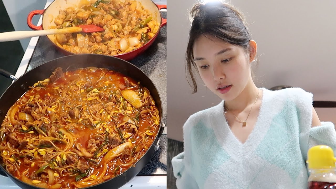 미국인 남자친구 가족들에게 한국 음식 해주기👩‍🍳 (제육볶음, 콩불, 차돌된장찌개) | 장이나 Jang E Na