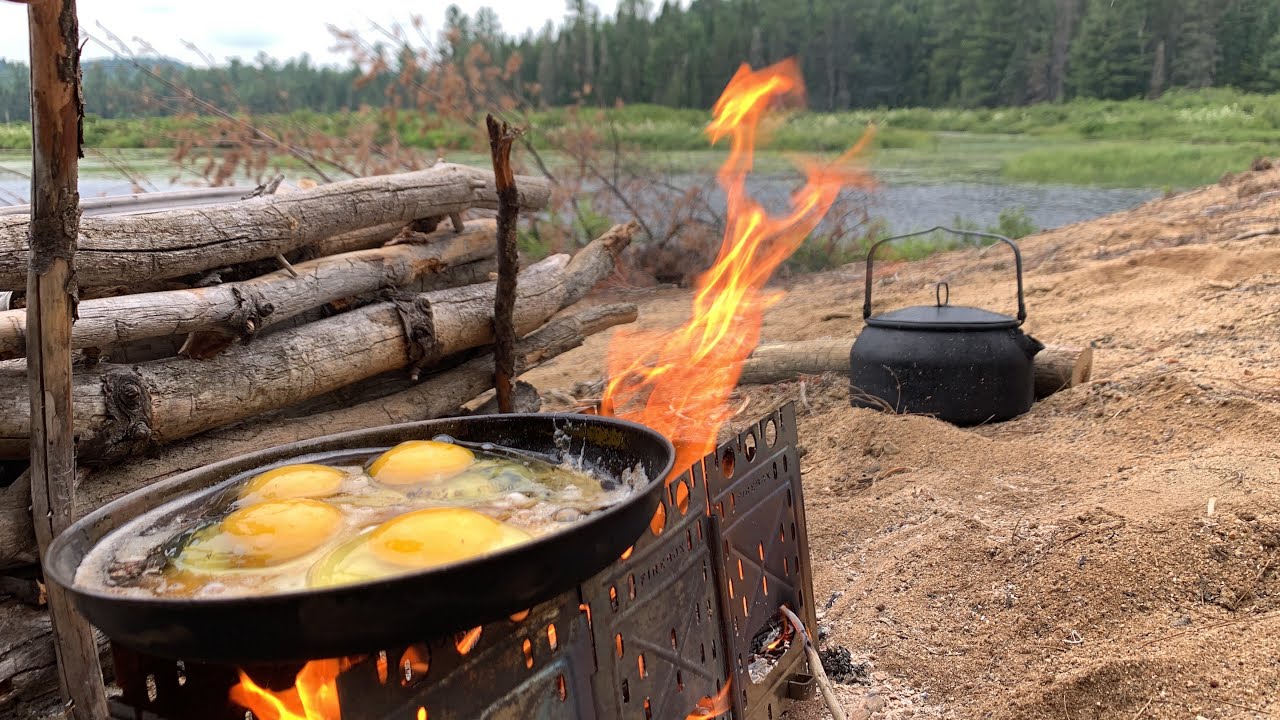 Classic Breakfast on Firebox - Dark Sky, Wind & Rain - Canoeing an Isolated Marsh