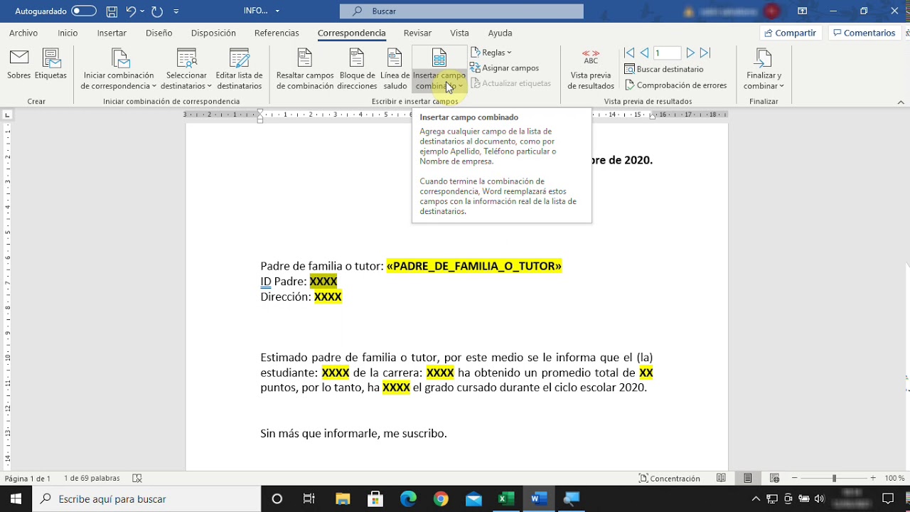 Combinación por correspondencia Word - Excel