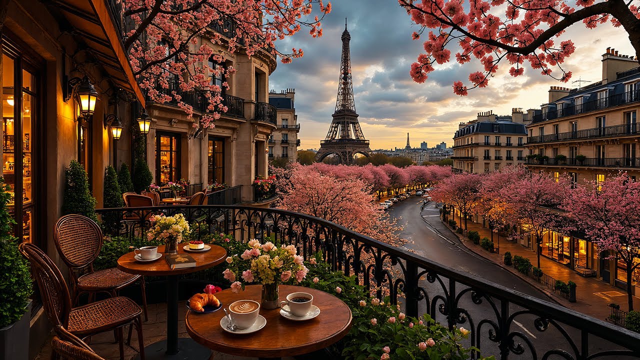 Paris Spring Evening Jazz ☕ Cherry Blossom Balcony Café Ambience & Relaxing Jazz for Focus, Work