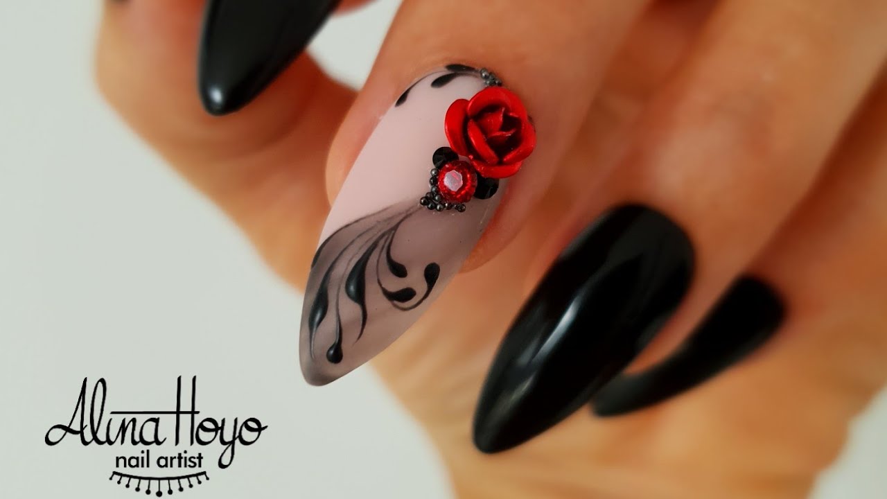 Hand painted nail art with rose | Alina Hoyo Nail Artist