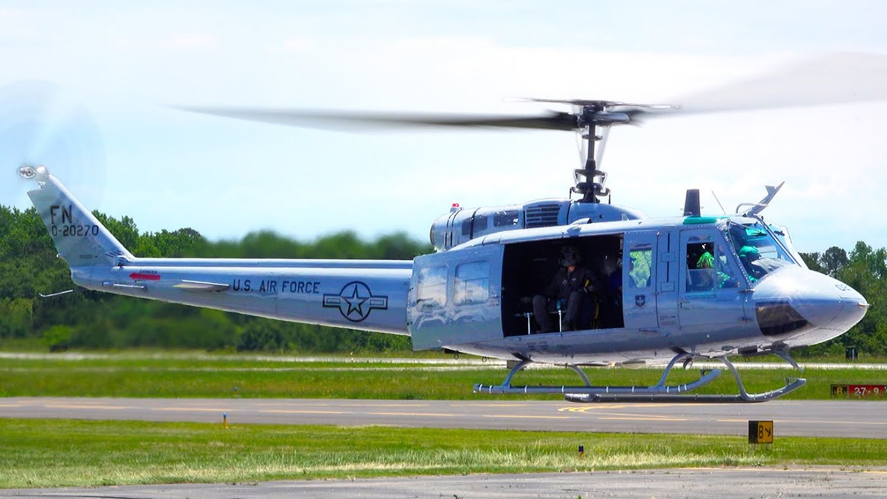 USAF TH-1H Huey Helicopter – Close-Up Engine Start & Powerful Takeoff