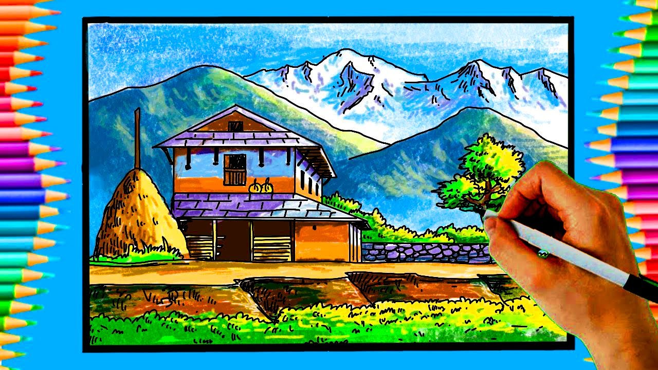 How to draw  beautiful scenery | step by step drawing and Coloring | Pencil landscape | Ghandruk