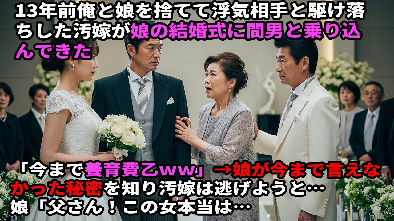 13年前、俺と娘を捨てて不倫相手と駆け落ちした汚嫁が、娘の結婚式に間男を連れて乱入。「今まで養育費お疲れｗｗ」→娘がずっと言えなかった“秘密”が明らかになり、汚嫁は逃げ出そうとするが…