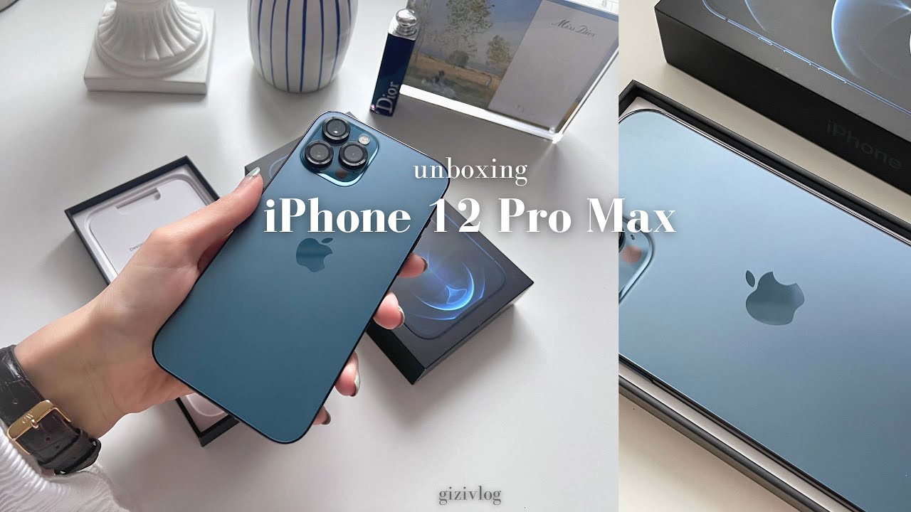 iphone 12 pro max pacific blue unboxing & accessories | aesthetics | (256gb) ୨୧