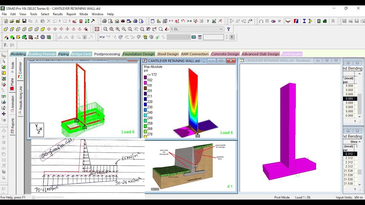 2. Cantilever Retaining Wall using Stadd.Pro V8i Complete tutorial.
