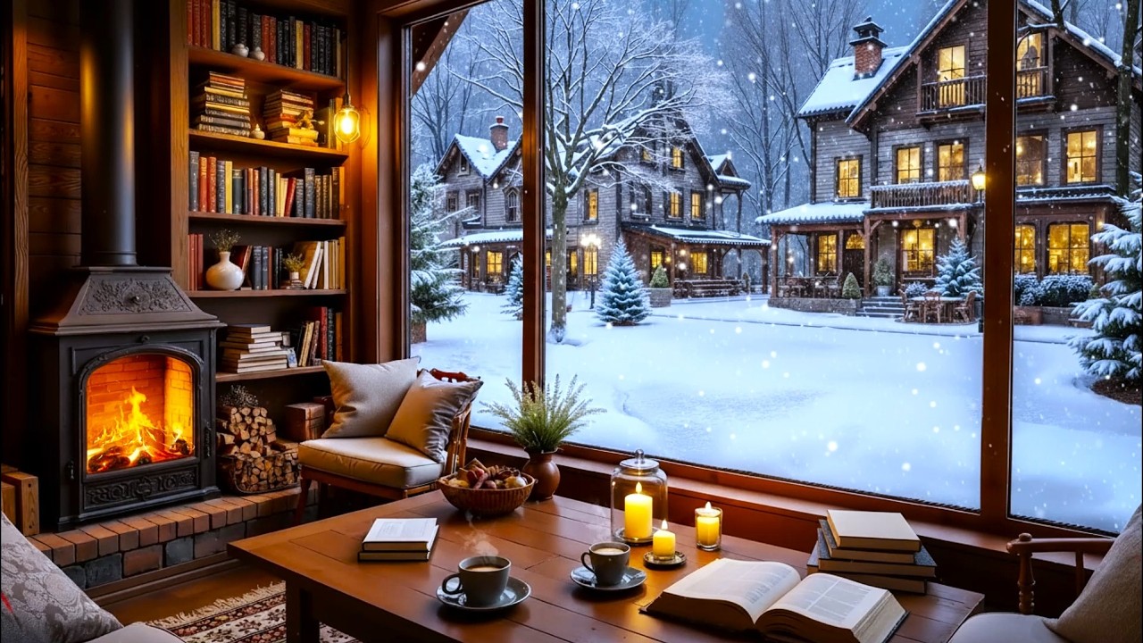 Relaxing Winter Night Jazz ❄️ Warm Café Atmosphere with Fireplace