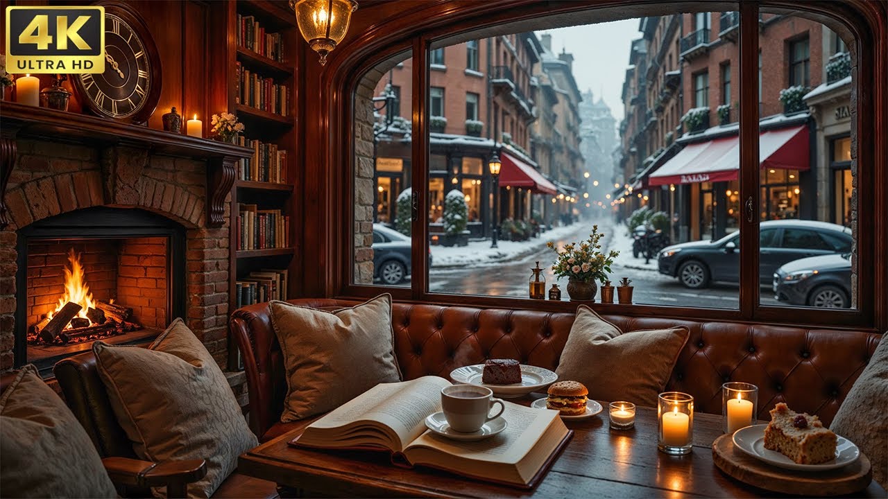 Relaxing Jazz Coffee Shop Ambience ❄️ Cozy Winter Scene with Fireplace Sounds for Study & Work