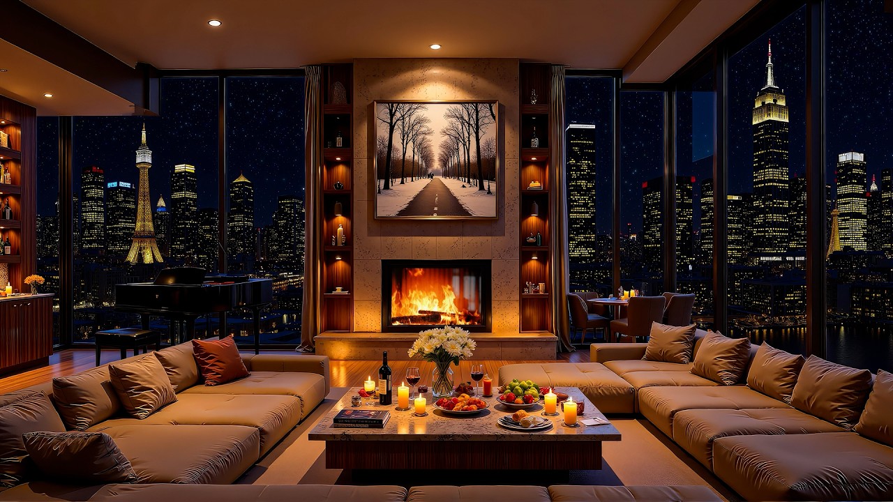 Late Night Jazz 🌃 Luxury Apartment with Soothing Piano Jazz Music & Crackling Fireplace for Sleep