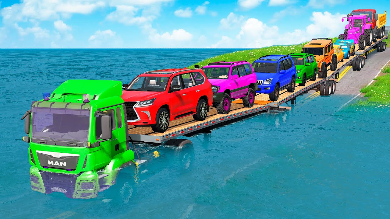 Triple Flatbed Trailer McQueen Transportation with Truck - Speedbumps vs Cars vs Train - BeamNG #22