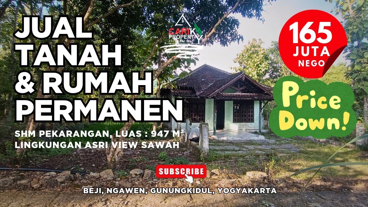 Jual tanah dan rumahnya di Gunungkidul Luas 947 m² | Depan rumah lihat sawah, Gunungkidul Yogyakarta