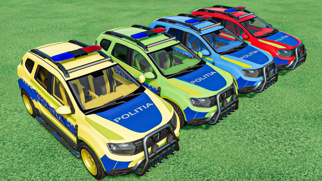 TRANSPORTING ALL COLORS DACIA DUSTER POLICE CARS VEHICLES WITH GARAGE !