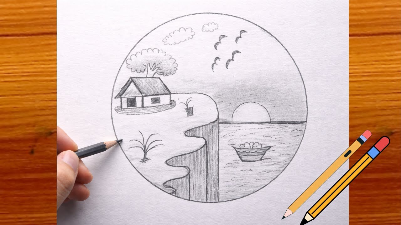 Easy Pencil Drawing Scenery | Village, River & Sunset Scene | Step by Step Pencil Sketch Tutorial