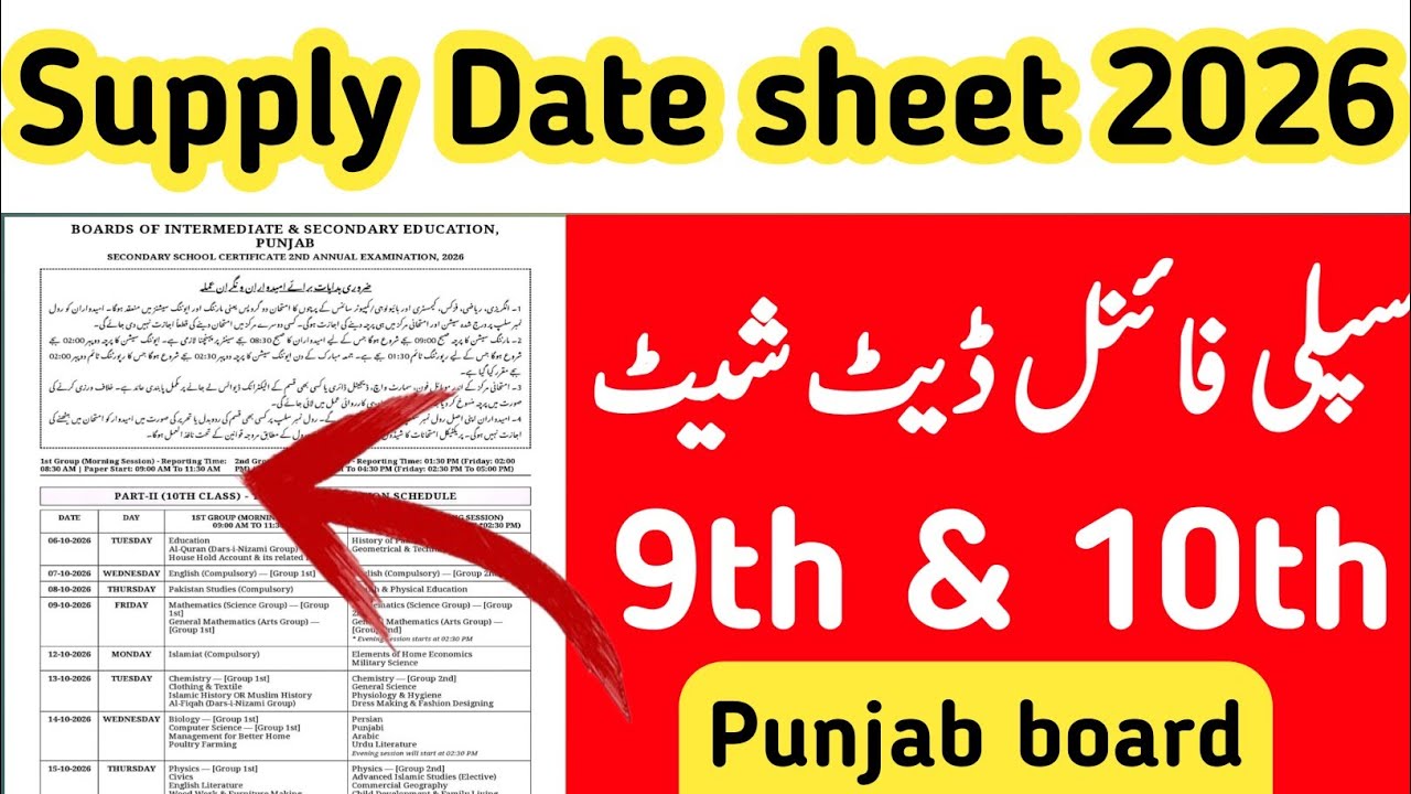 Supply Date sheet 2026 Class 10 | 2nd Annual date sheet 2026 Punjab board | Supply Exam Date